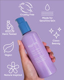 Nuria Calm Cleansing Milk. Certifications: cruelty free, made for sensitive skin, clean beauty, nature inspired, vegan, derm tested.