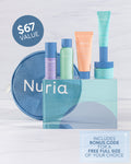 Nuria Try Before You Buy, $67 value for $40, includes code for a free full size product of your choice. Photo of five mini size products plus cosmetic bag.