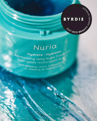 Nuria Hydrate Revitalizing Jelly Night Treatment - open jar on white background showing blue-tinted jelly. Byrdie 2021 Eco Beauty Award Winner